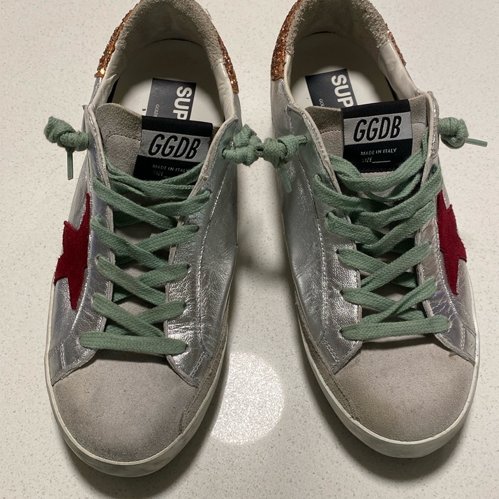Golden Goose size 39 Silver green shoestrings, and burgundy star on the side
